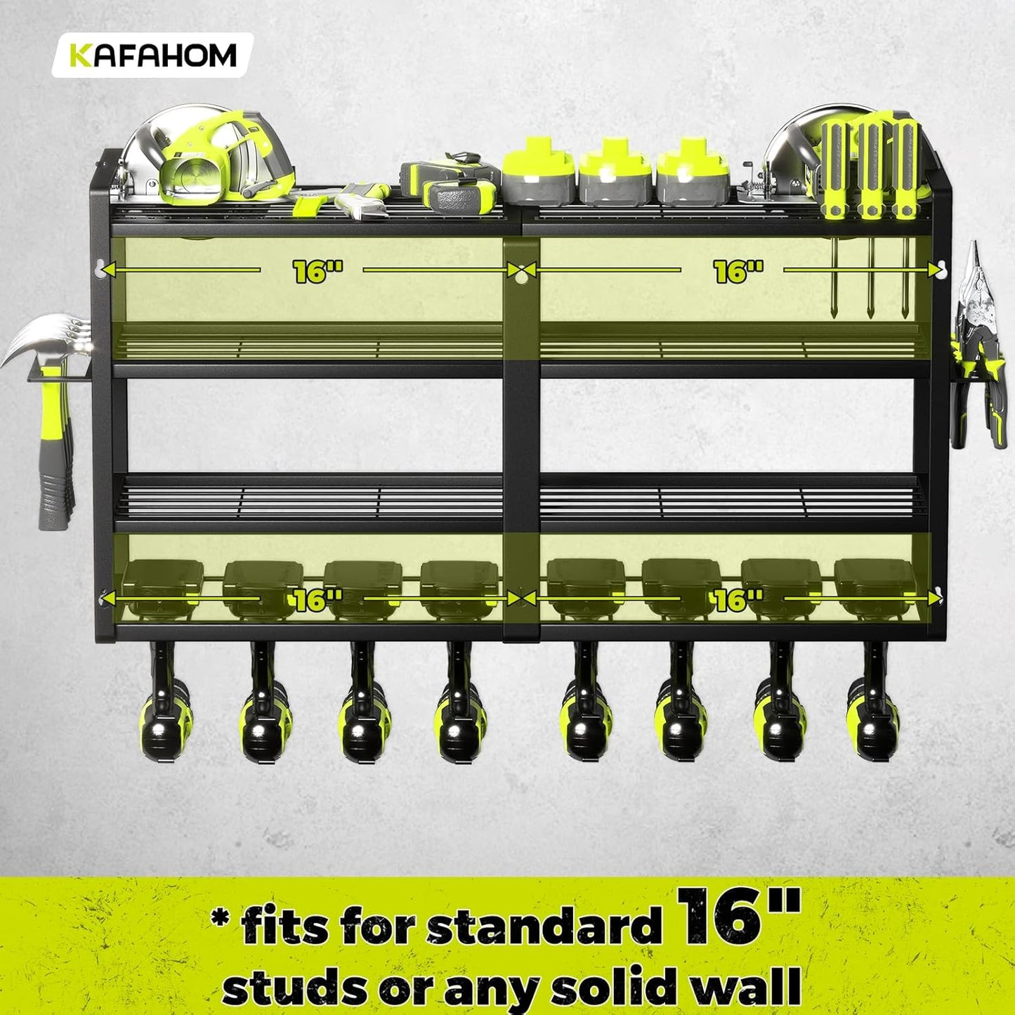 KAFAHOM Power Tool Organizer-8 Drill Holder Wall Mount,4 Layer Heavy Duty Metal Power Tool Storage Rack,Garage Tool Organizer and Storage with Screwdriver Holder/Plier Holder/Hammer Holder