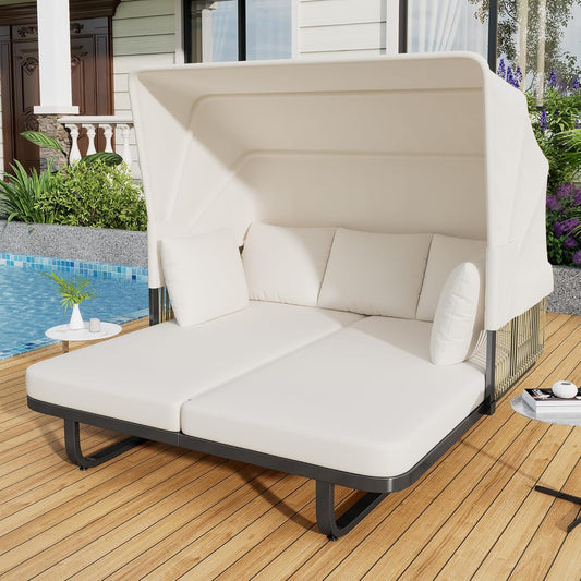 kevinplus Outdoor Patio Sunbed Daybed Double Lounge with Adjustable Canopy for Garden Backyard Pool, Iron Frame & Rattan Material & Moveable Cushion Cover, Beige