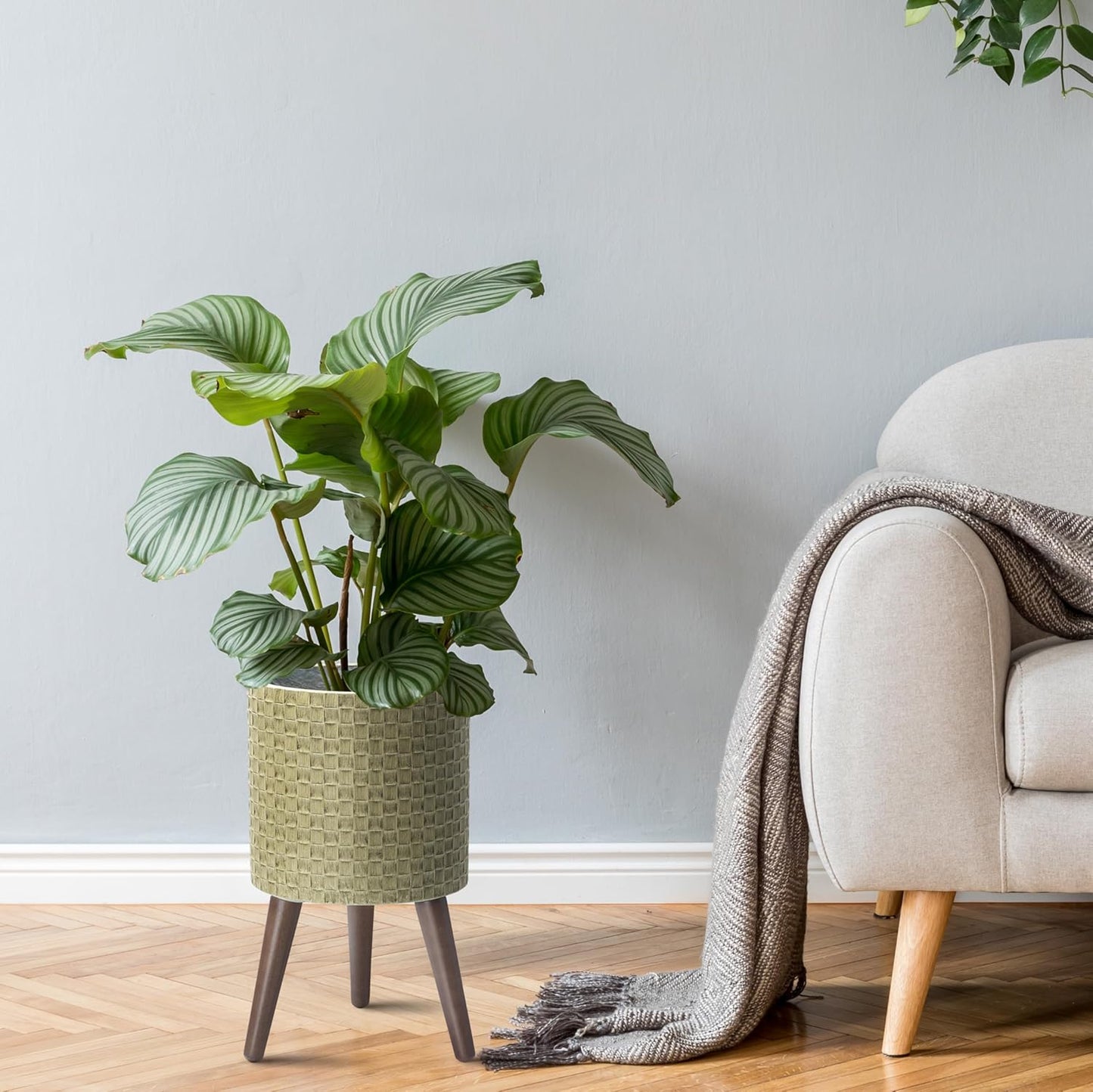 D'vine Dev 10 Inch Modern Geometric Tile Patterned Sleek Planter Pot with Stand, Indoor Outdoor Decorative Plant Holder, Distressed Olive, 88-Z-B-4