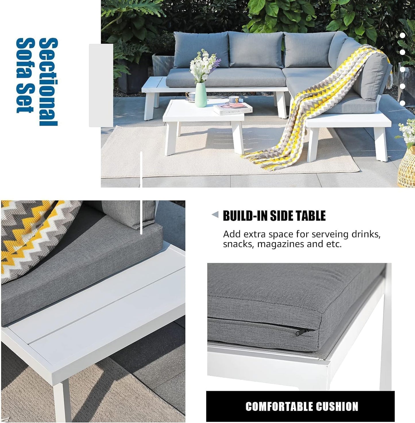 Soleil Jardin 4-Piece Outdoor Patio Furniture Set L-Shaped Aluminum Sectional Sofa with Coffee Table All-Weather Patio Conversation Set with Cushions, White