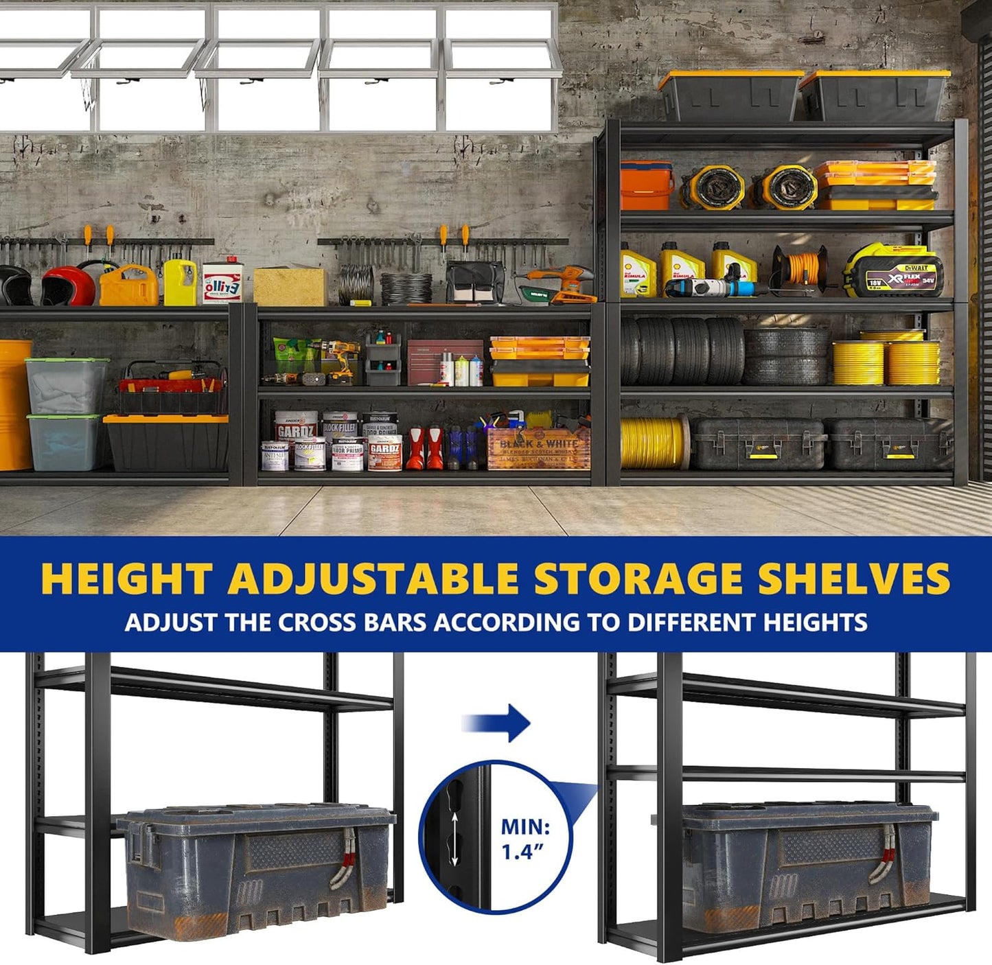 REIBII 48" W Garage Shelving 2500LBS Storage Shelves 5 Tier Heavy Duty Shelving Adjustable Garage Shelves for Warehouse, Pantry, Easy Assemble, 48.2''W X 72''H X18''D