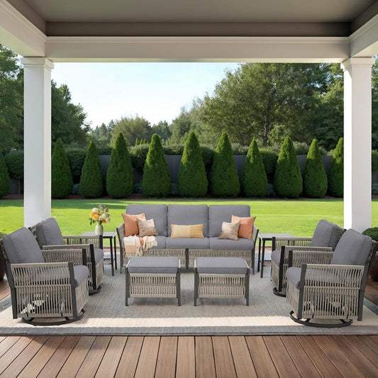Patio Furniture Wicker Rope Outdoor Conversation Set, 9-Piece All Weather Patio Furniture Rattan Sofa Sets w/Swivel Rocking Chairs & Ottomans, Side Table for Backyard, Balcony, Deck, Gray