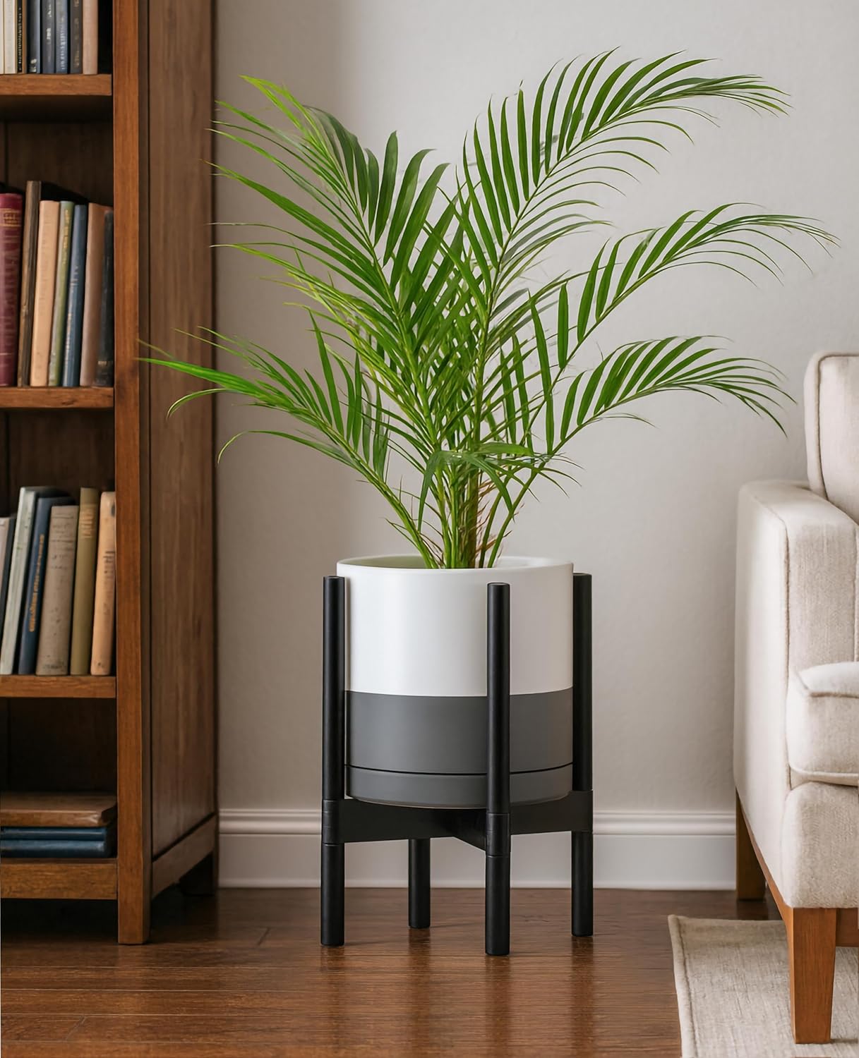 D'vine Dev Ceramic Planter with Ebony Stand - 10 Inch Modern Round Flower Pot with Wood Planter Holder, White/Grey, 55-B-L-6