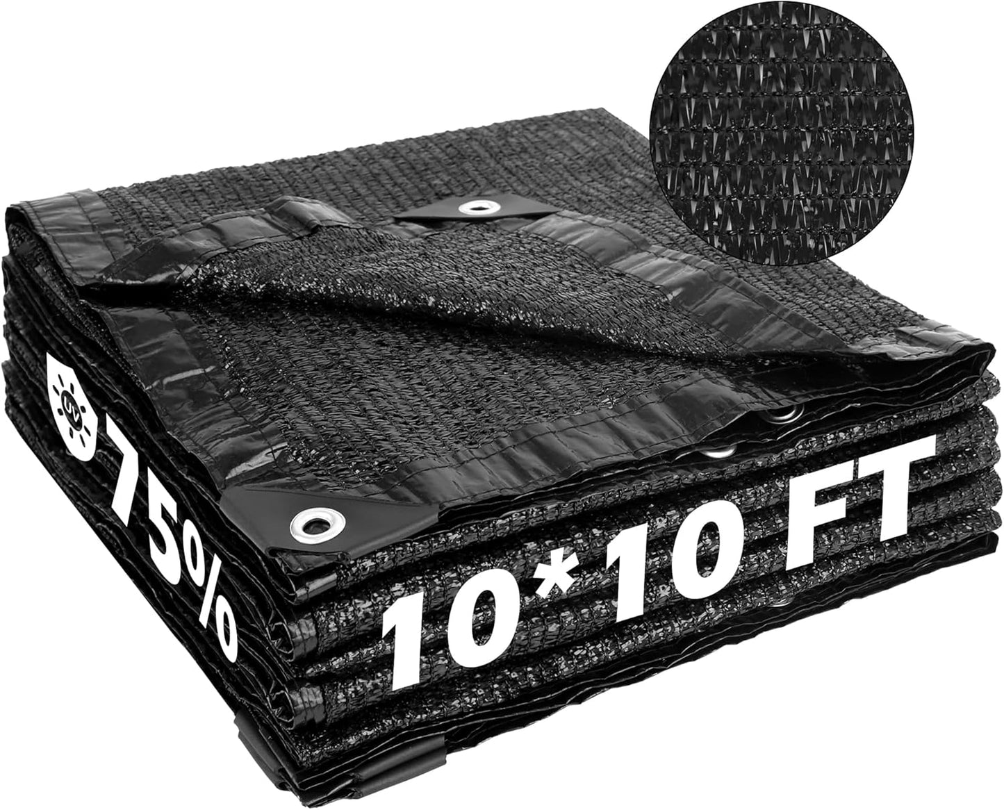 Garden expert 75% Black Shade Cloth 10x10FT Taped Edge with Grommets Sun Net Mesh for Garden Patio Backyard UV-Resistant