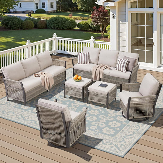 Patio Furniture Wicker Outdoor Conversation Set, 6-Piece All Weather Patio Furniture Rattan 2 Sofa Sets w/Swivel Rocking Chairs & Ottomans, Side Table for Backyard, Balcony, Deck - Beige