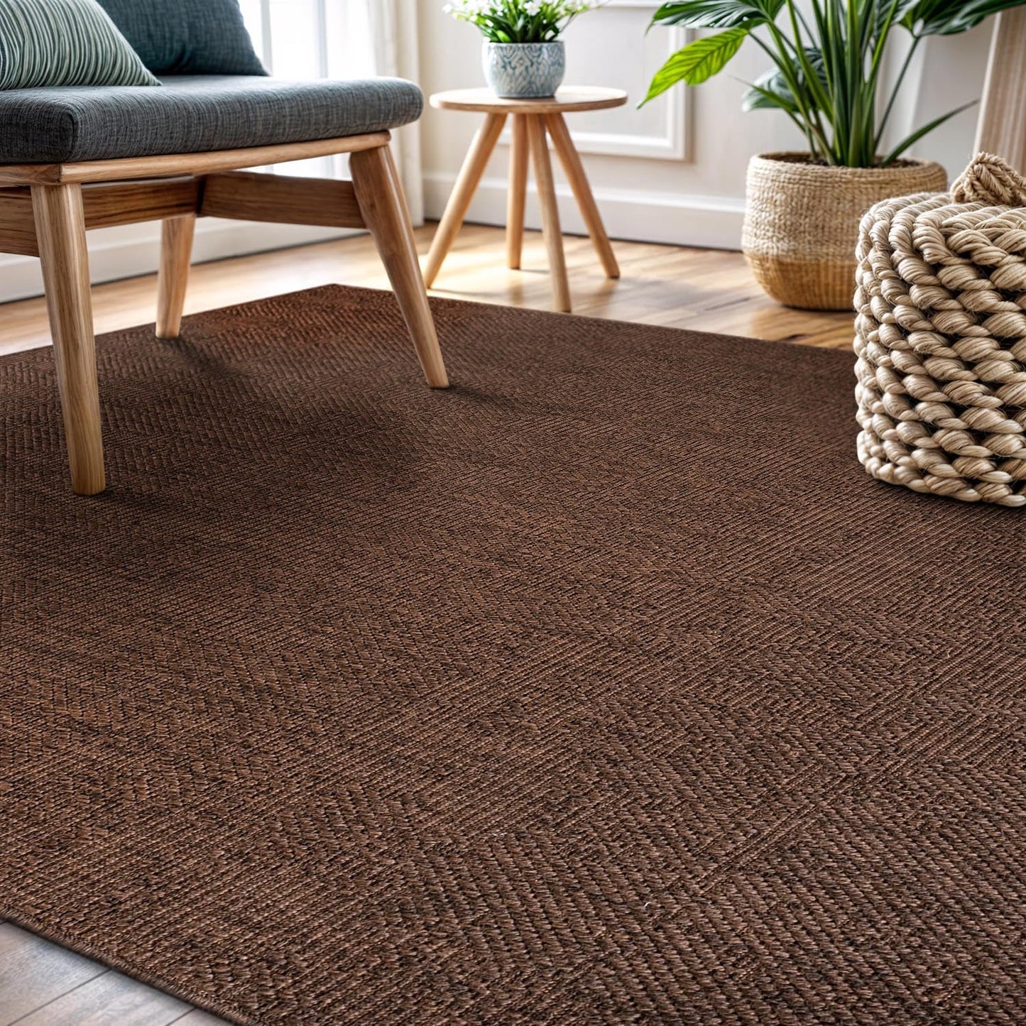 CAMILSON Easy Jute Rug 8x10, Indoor Outdoor Brown Color Fiber Area Rugs for Living Room Patio and Kitchen Rug, Solid Boho Woven Design, Easy-Cleaning, Washable Outside Carpet Alfombras (8 x 10)