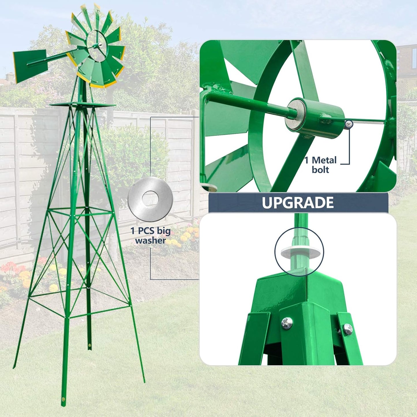 8ft Garden Windmill, Heavy Duty Durable Metal Weather Vane for Backyard, Ornamental Windmill for Yard Weather Resistant (Green, 8FT)