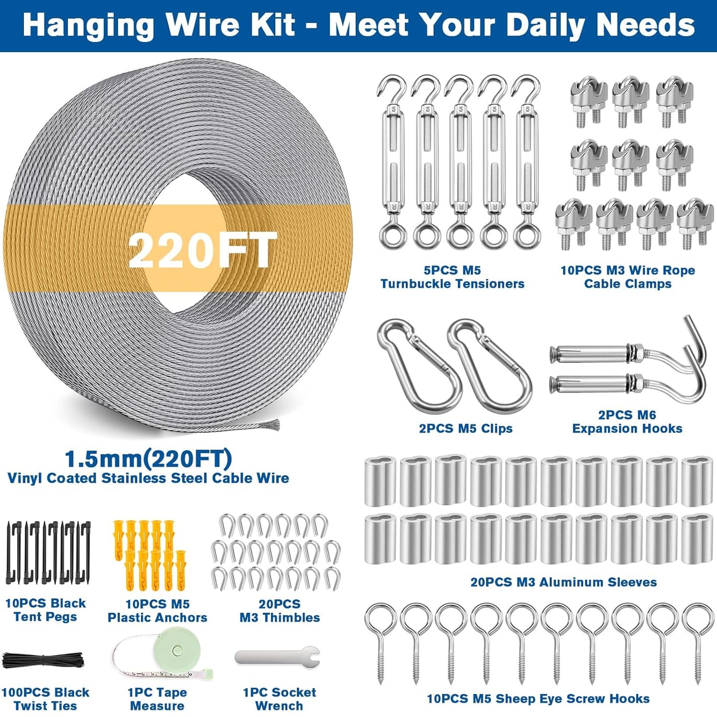 220FT 1/16" Wire Rope Kit - String Light Hanging Kit Vinyl Coated 304 Stainless Steel Cable with Turnbuckles for String Light Hanging, Gate Anti Sag, Stair Railing, Curtain, Picture Hanging, Garden