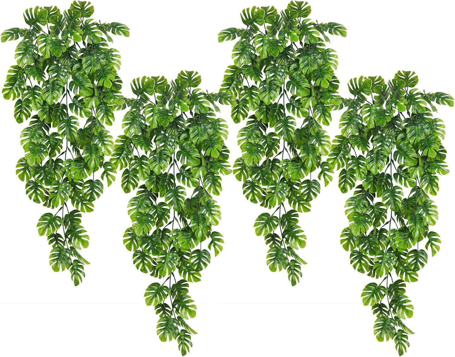 RECUTMS Artificial Hanging Plants 4Pcs, Fake Monstera Leaves Ivy Vine Faux Greenery UV Resistant Tropical Palm Leaf Swag Plant for Garden Home Jungle Hawaiian Luau Party Outdoor Indoor Spring Décor