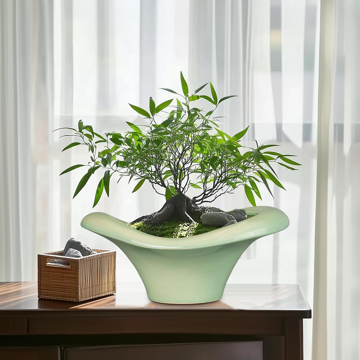 Ceramic Bonsai Pots - Large Succulent Planter 13 Inch Plant Pot Indoor Succulent Pot with Drainage Hole Outdoor Planter Bonsai Tree Pot for House Home Garden Office Decor Green