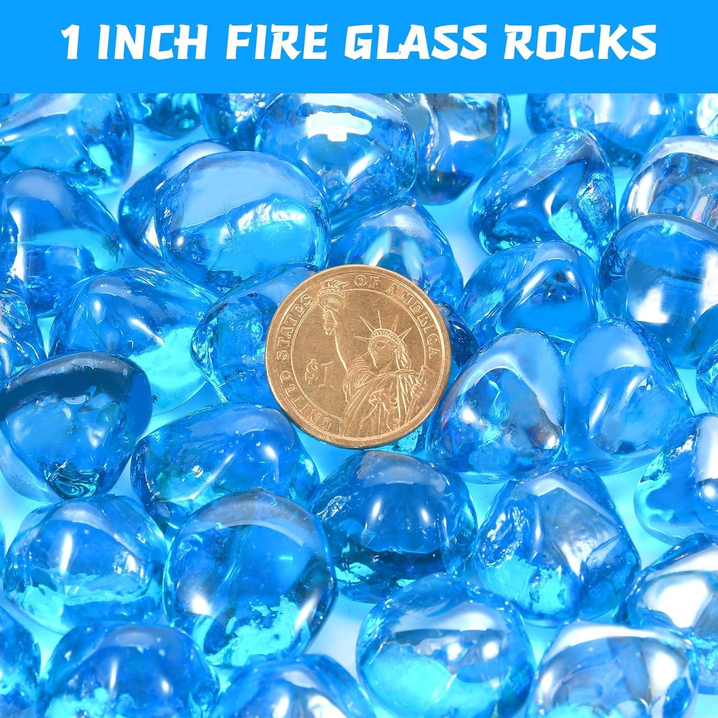 Caribbean Blue Firepit Glass Rocks 20 Pounds, 1 Inch Diamond Fire Stones for Propane Fire Pit, Fireplace and Outdoor Decorative, High Luster Glass Beads