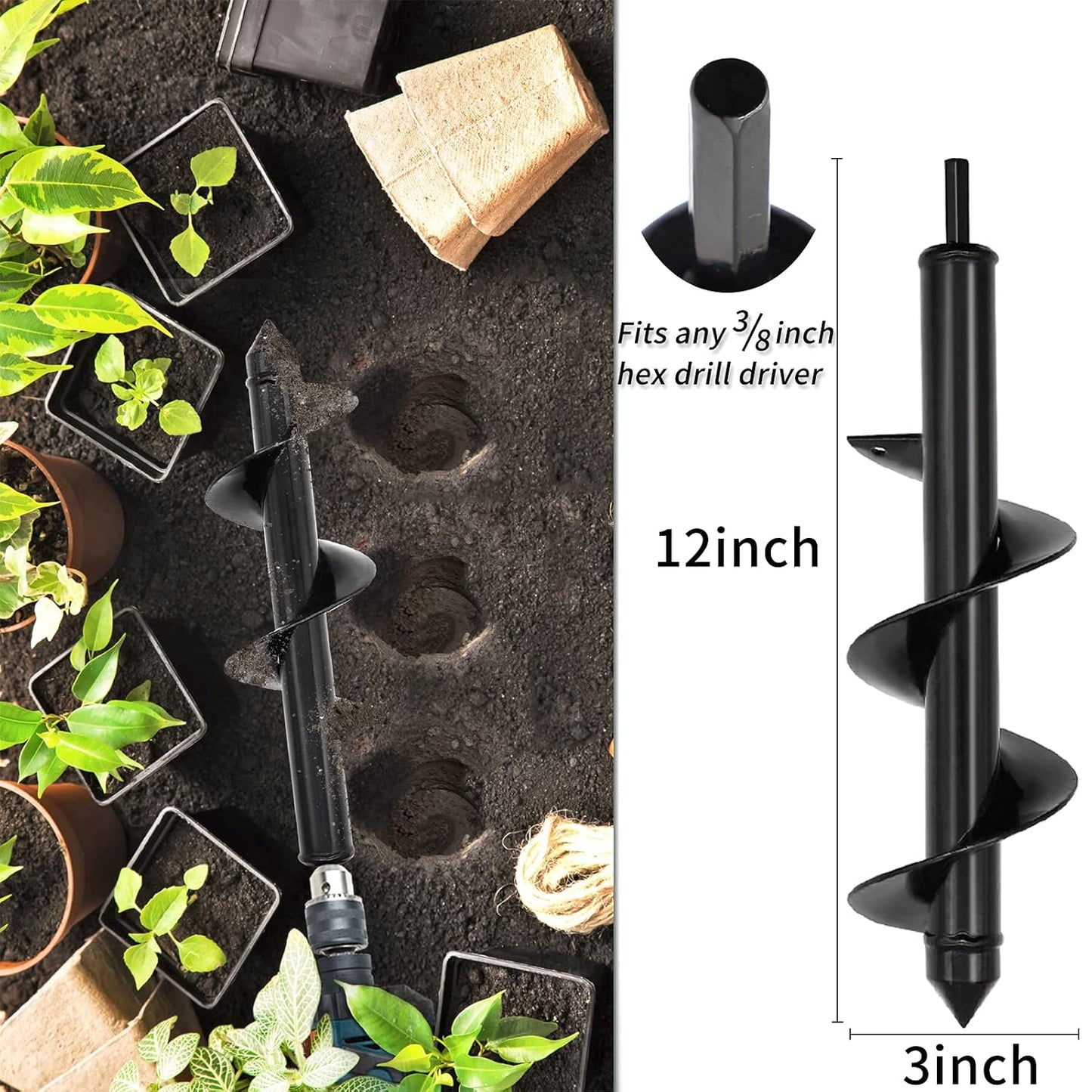 TCBWFY 4 Pack Garden Auger Spiral Drill Bits - 1.6"x9", 1.6"x16.5", 3"x16.5", 3"x12" - Heavy Duty Steel - Corrosion Resistant - Perfect for Post Holes, Earth & Lawn Augering,Planting Bulbs&Trees