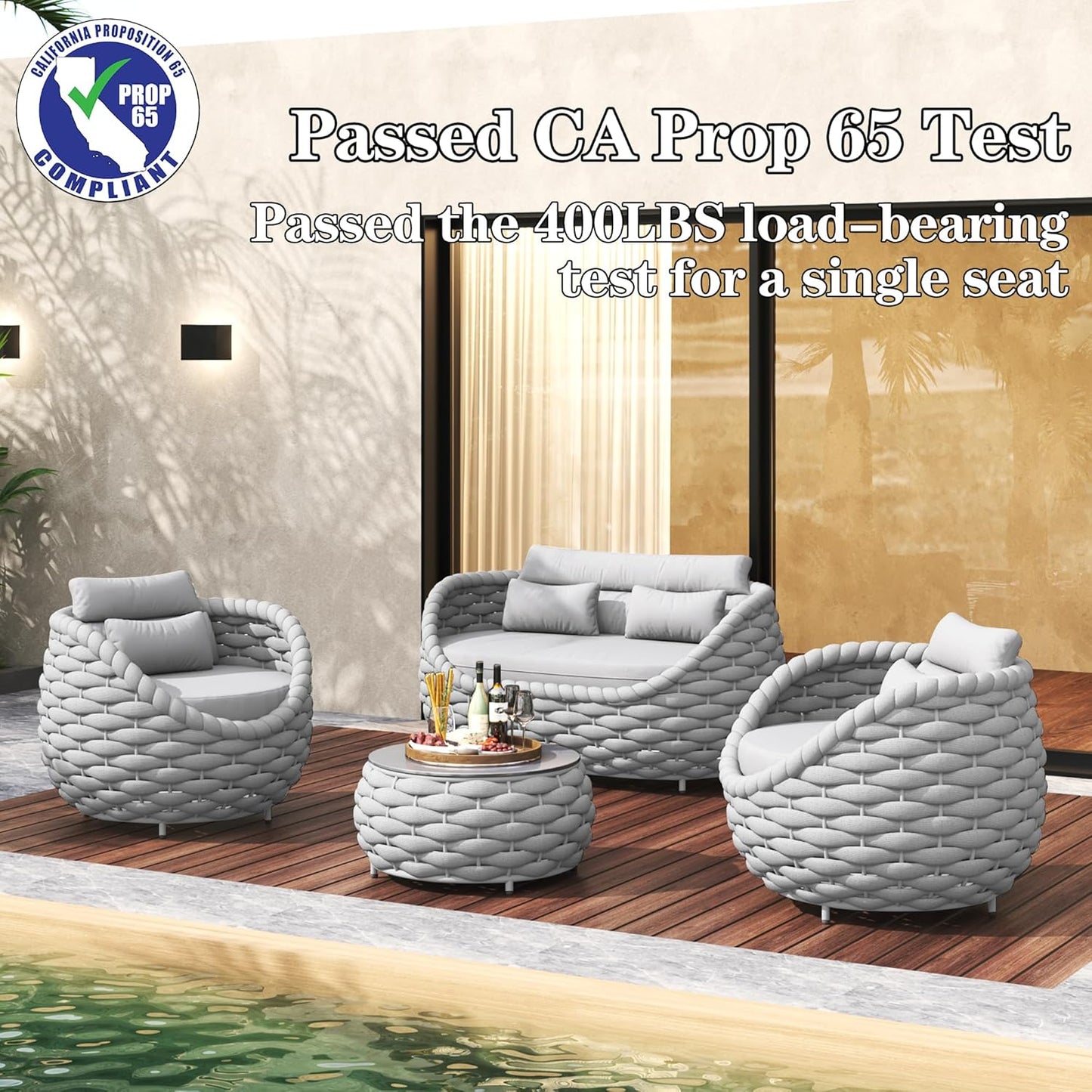 TWT Patio Furniture Sofa Set 4 Pieces Aluminum Outdoor Furniture w/27.8in Coffee Table,Patio Conversation Set with Hand Woven Textilene Rope for Backyard Garden Poolside,Light Gray