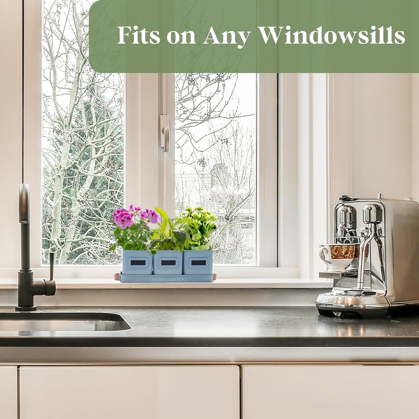 PERFNIQUE Indoor Herb Garden, Herb Garden Planter Set with Tray, Farmhouse Indoor Plant Pots, Windowsill Herb Garden with Drainage(Planter only) for Indoor/Outdoor, Window Pots(Sky Blue)