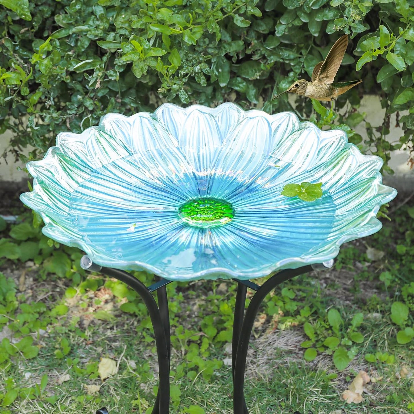 MUMTOP Outdoor Glass Birdbath with Metal Stand for Outside Yard Garden Decor, 18 inch Diameter Blue Bird Baths Bowl for Outdoors, 21 inch Height