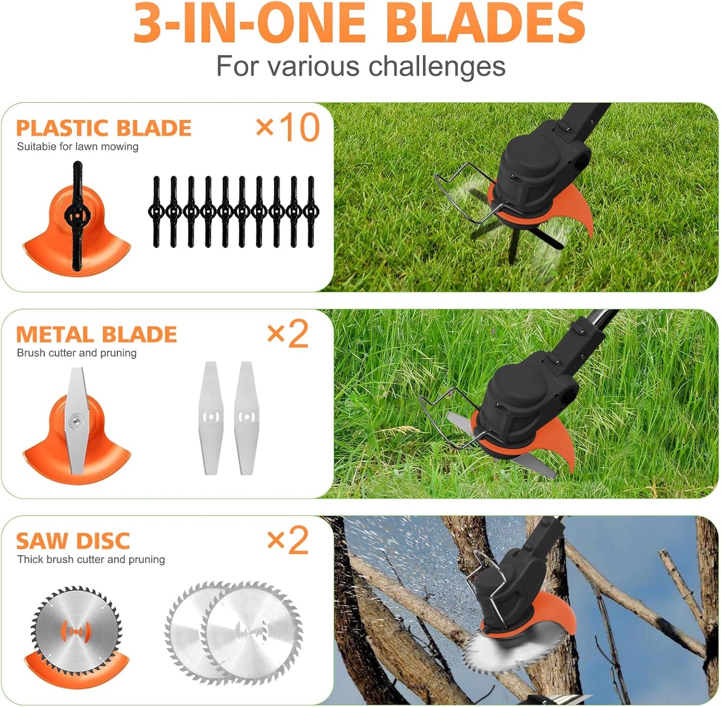 ALSO GO 24V Electric Weed Wacker, Cordless Grass Trimmer with 2 Batteries & Charger, 3 in 1 Stringless Brush Cutter/Weed Eater/Edger/Lawn Mower with 3 Types Blade & Wheels for Garden and Yard Lawn