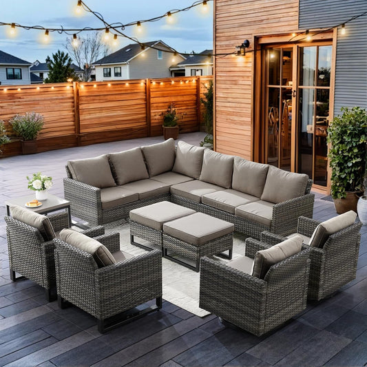 HUMMUH 9 Piece Patio Furniture PE Wicker 6-Seater Outdoor Sectional Sofa Patio Swivel Chairs,Outdoor Chairs with Ottomans Side Table for Porch,Garden,Backyard,Deck
