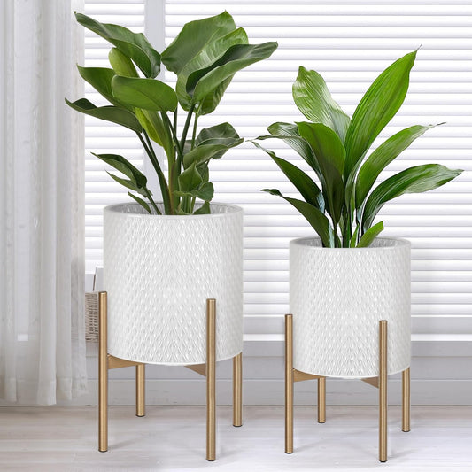 Oakrain Mid Century Planters for Indoor Plants, Set of 2, Modern Decorative Metal Planters for Living Room, Office, Garden or Balcony, White Planters with Stands, 10 inch & 12 inch