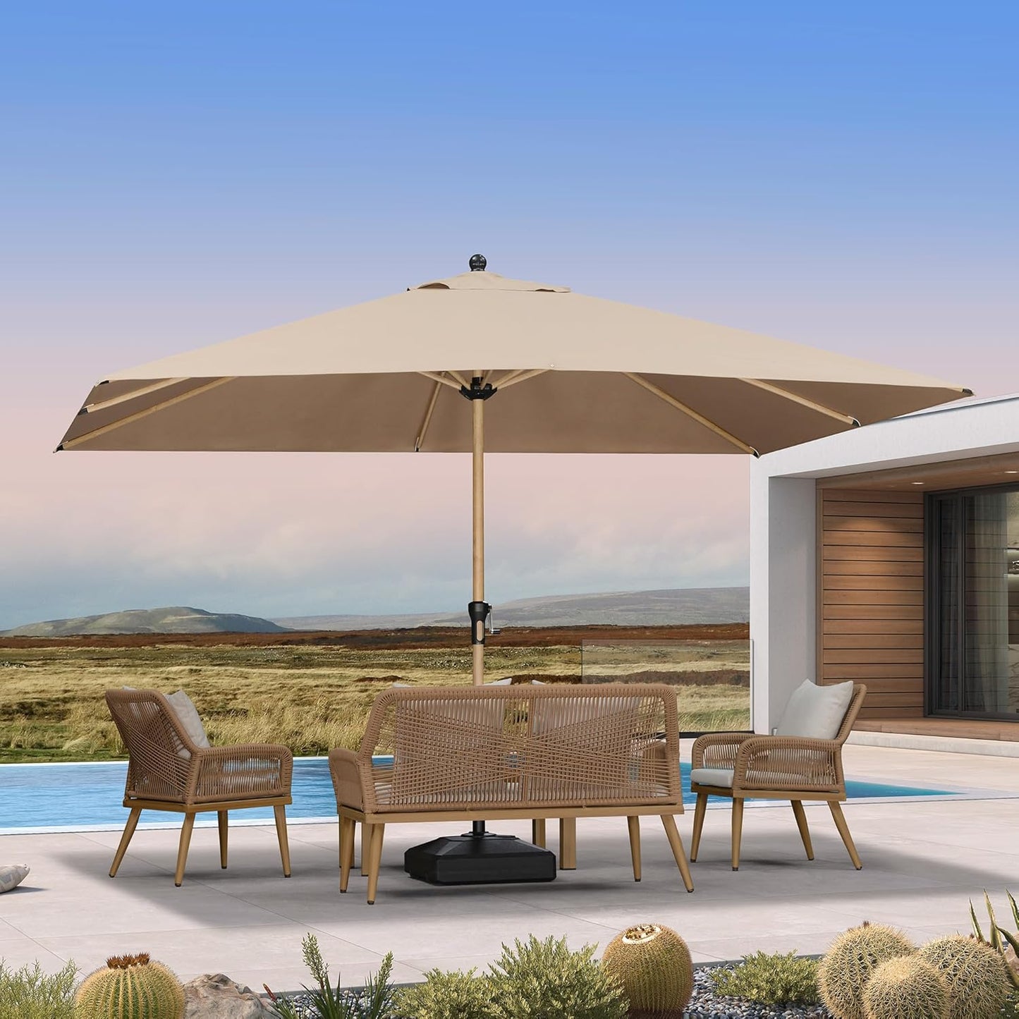 PURPLE LEAF 9' x 11.5' Patio Umbrella with Base Outdoor Umbrella Market Umbrella with Crank & 8 Ribs Aluminum Rectangular Table Umbrella Outdoor Patio for Backyard, Taupe