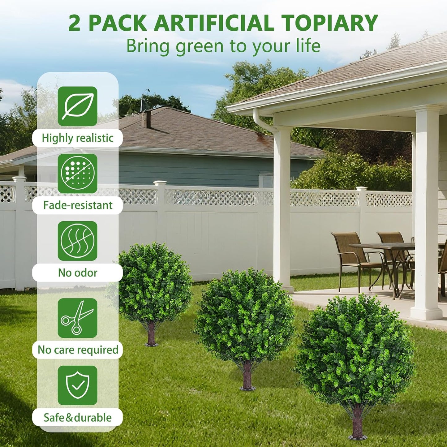 Artificial Eucalyptus Topiary Ball Trees with Ground Spike, Set of 2 UV Resistant Artificial Shrubs, Fake Evergreen Artificial Plant Bushes for Indoor Outdoor Front Porch Garden