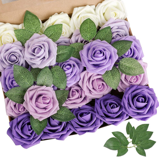 AmyHomie Artificial Flower Seriesc Purple Rose 25pcs Real Looking Fake Roses w/Stem for DIY Wedding Bouquets Centerpieces Arrangements Party Baby Shower Home Decorations