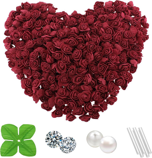 500 Pcs 1.4 Inch Mini Artificial Flowers Head Bulk 5 in 1 Set Faux Foam Fake Small Rose Tiny Baby Flores Bouquet Cake Gift Home Decoration DIY Craft (Wine Red, Burgundy)