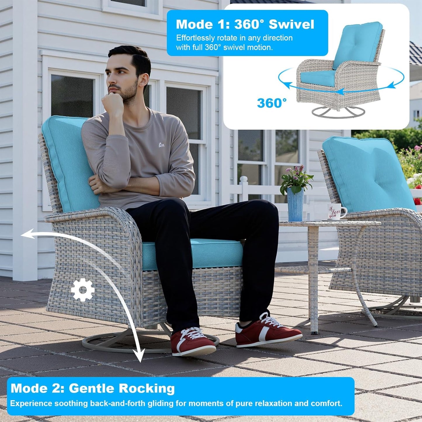 10-Piece Patio Furniture Set, Outdoor Patio Furniture with Swivel Chairs Set, Thick Cushions, Modular Patio Sofa, Dual-Strand Wicker Rattan, Rust-Resistant Frame, Lake Blue