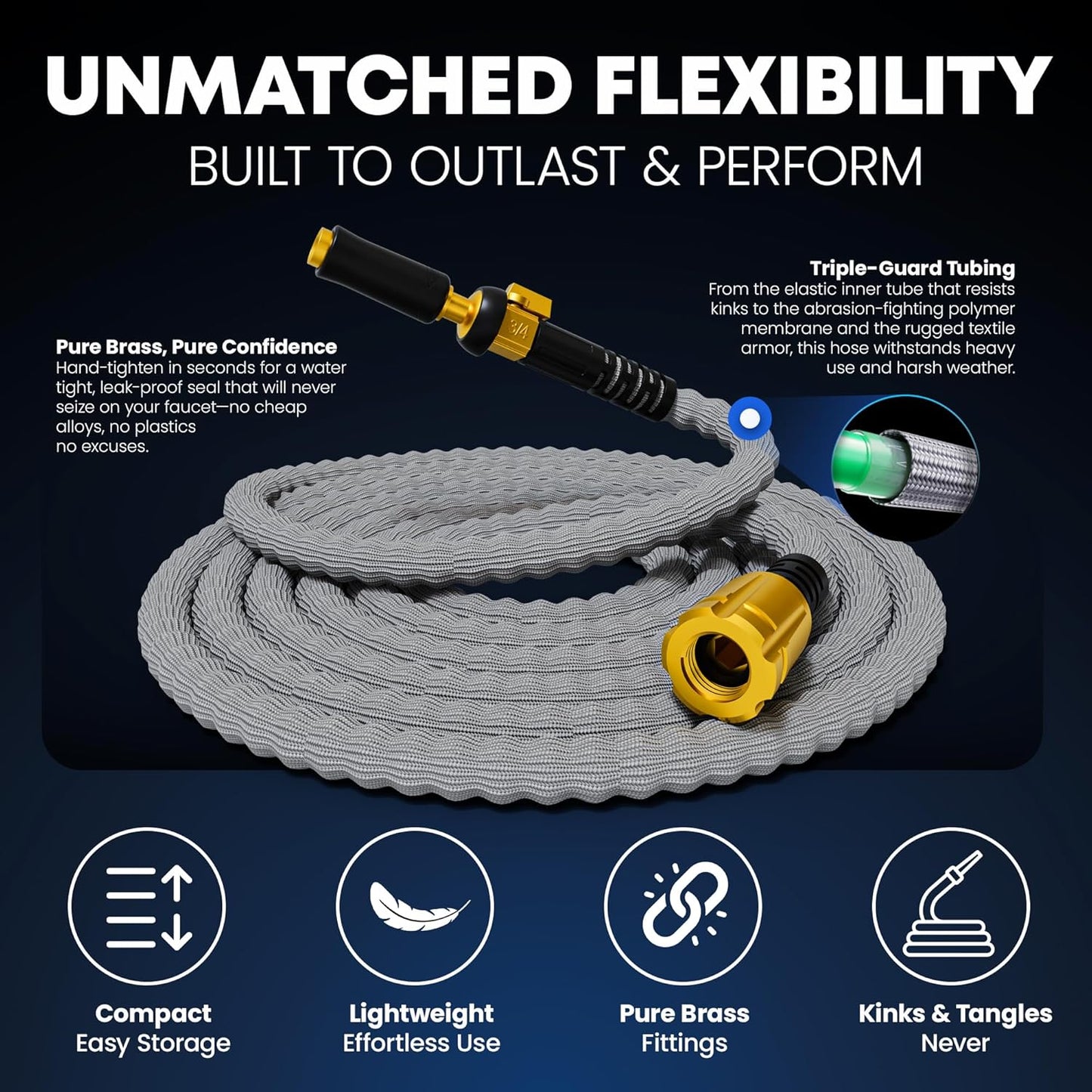 TITAN Flexible Garden Hose 100FT – Ultra Lightweight, Heavy Duty Water Hose with Brass Fittings & Jet Nozzle – Kink-Free, Non-Expanding, Durable Fabric Hose for Yard, Lawn, Car Wash, Outdoor Use