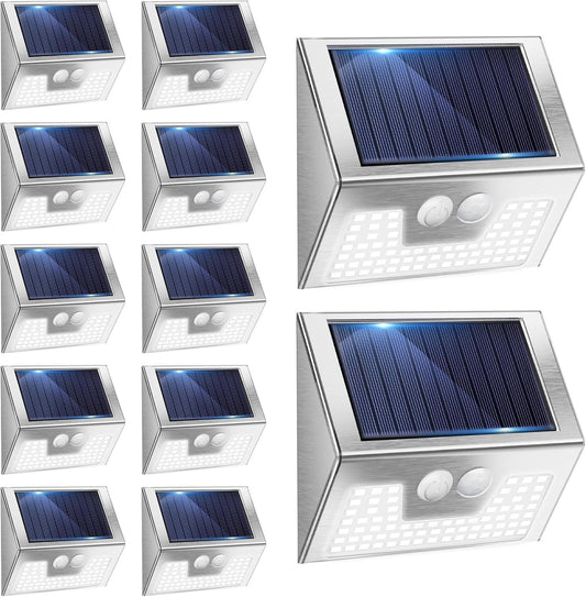 Vighrep 12-Pack Solar Motion Lights - Outdoor, Brushed Nickel, Bright Cold White, Waterproof LED Fence Lights Wireless for Wall, Yard, Steps, Stairs, Garden