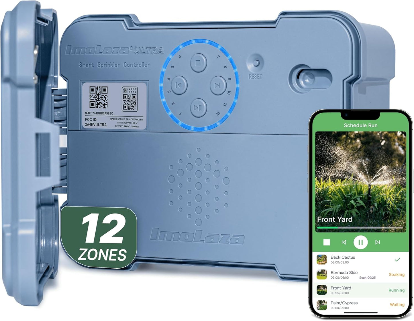 ImoLaza Outdoor Smart Sprinkler Controller, 12-Zone WiFi Irrigation Controller with Hyper-Local Weather, App Remote Control, Works w/ Alexa, Auto Watering, Rain/Freeze/Wind Skip, Smart Fault Detection