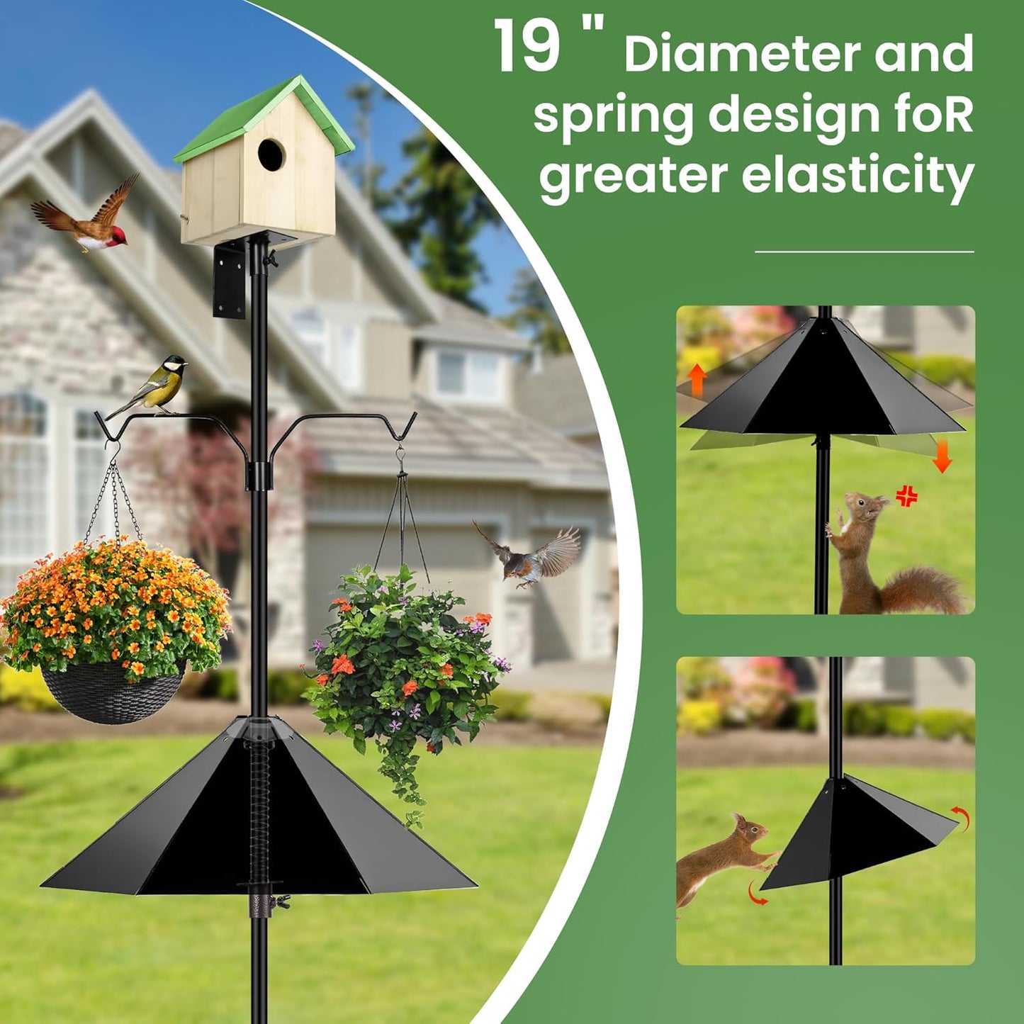 Bird House Pole, 95 Inch Heavy Duty Bird Feeder Pole Mount Kit for Outdoors, Adjustable Feeding Stand, with 2-Hooks, Metal Squirrel Baffle and 5-Prong Base, for Birds Watching