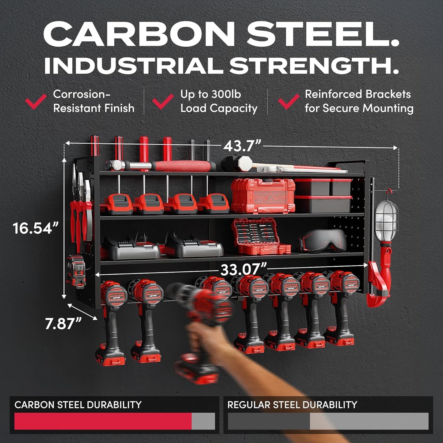 Power Tool Organizer Wall Mount - Power Tool Storage Rack with 3 Shelves, 8 Drill Holders, Bit Holder, Load 300 lbs, Pegboard Sides Storage for Tools- Garage Drill Organizer, Ultimate Workshop Station
