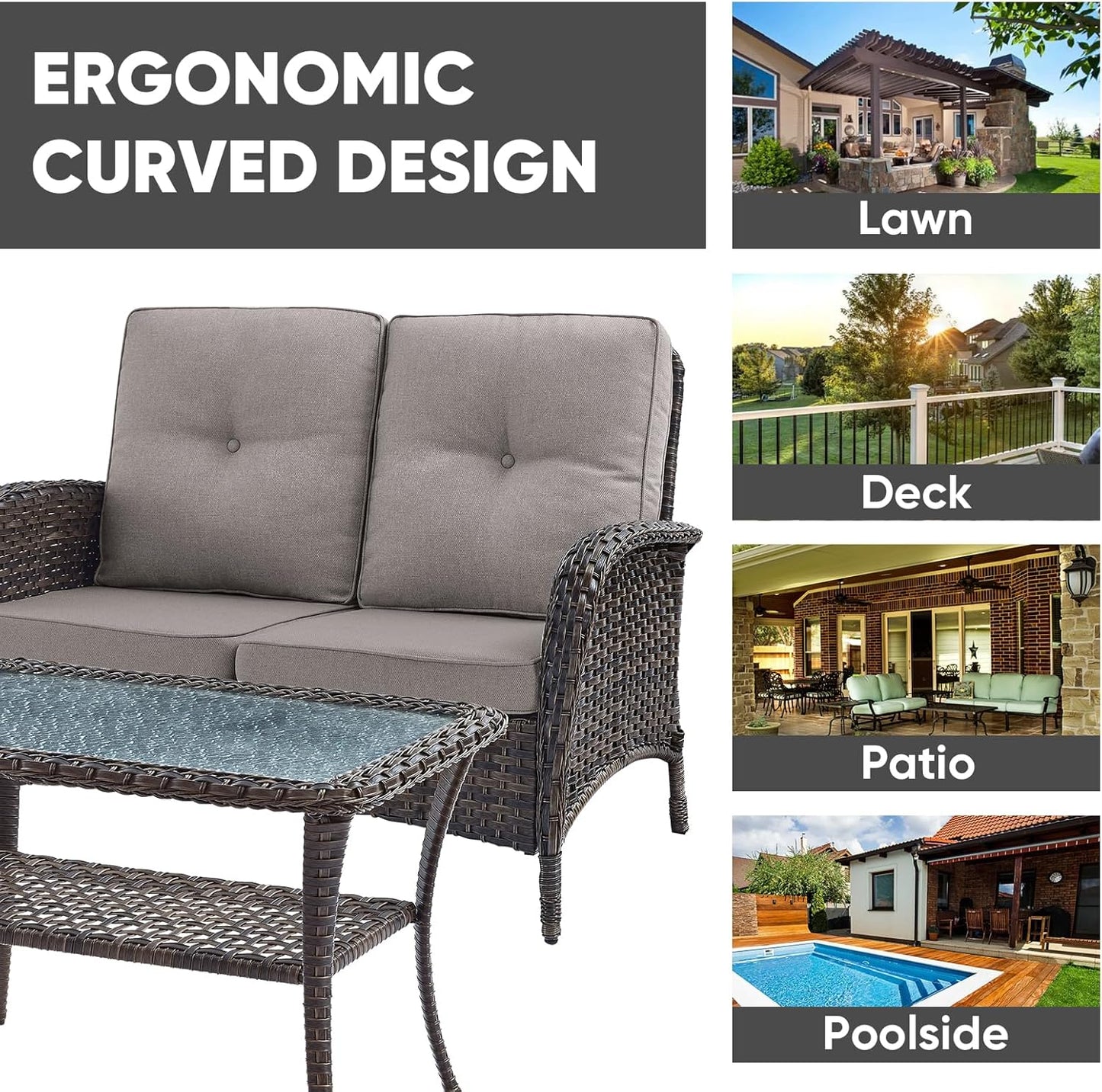 HUMMUH Outdoor Loveseat Sofa 2-Seat PE Wicker Outdoor Couch with Coffee Table,Deep Seat High Back Outdoor Patio Furniture for Patio,Garden,Porch,Deck(Grey)