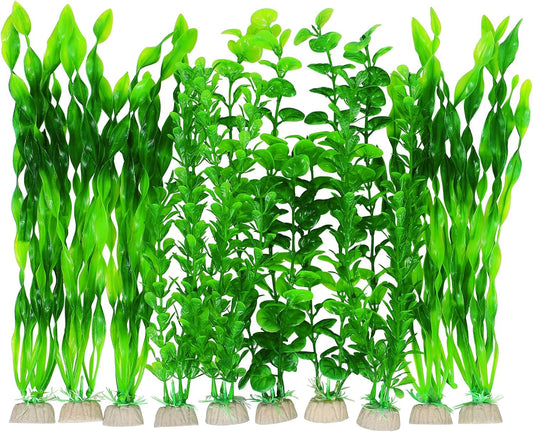 AQUANEAT Artificial Fish Tank Plants, Green Plastic Aquarium Accessories, Multi Shape Fake Decorations, 10packs
