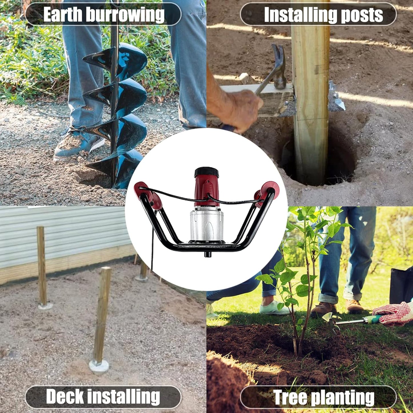 JACKCHEN 1500W Electric Post Hole Digger with Reverse, Double Handle Earth Auger with Storage Bag, 2×6"and 2×4" Auger Bit Earth Auger Drill, Ideal for Installing Fence Post, Drilling, Planting Trees