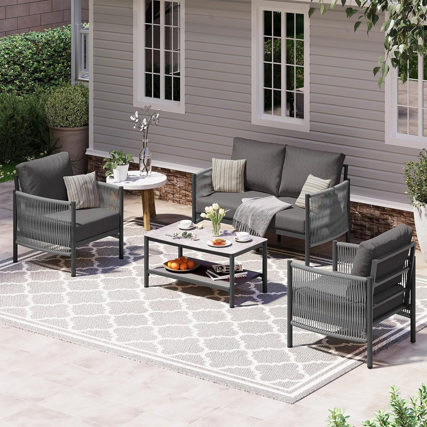 Aluminum Outdoor Patio Furniture Set, HDPE Rope 4 Piece Modern Sectional Conversation Sets with Dual-Layer Coffee Table, All Weather Patio Couch Sofa with Thick Cushions, Gray Frame, Charcoal
