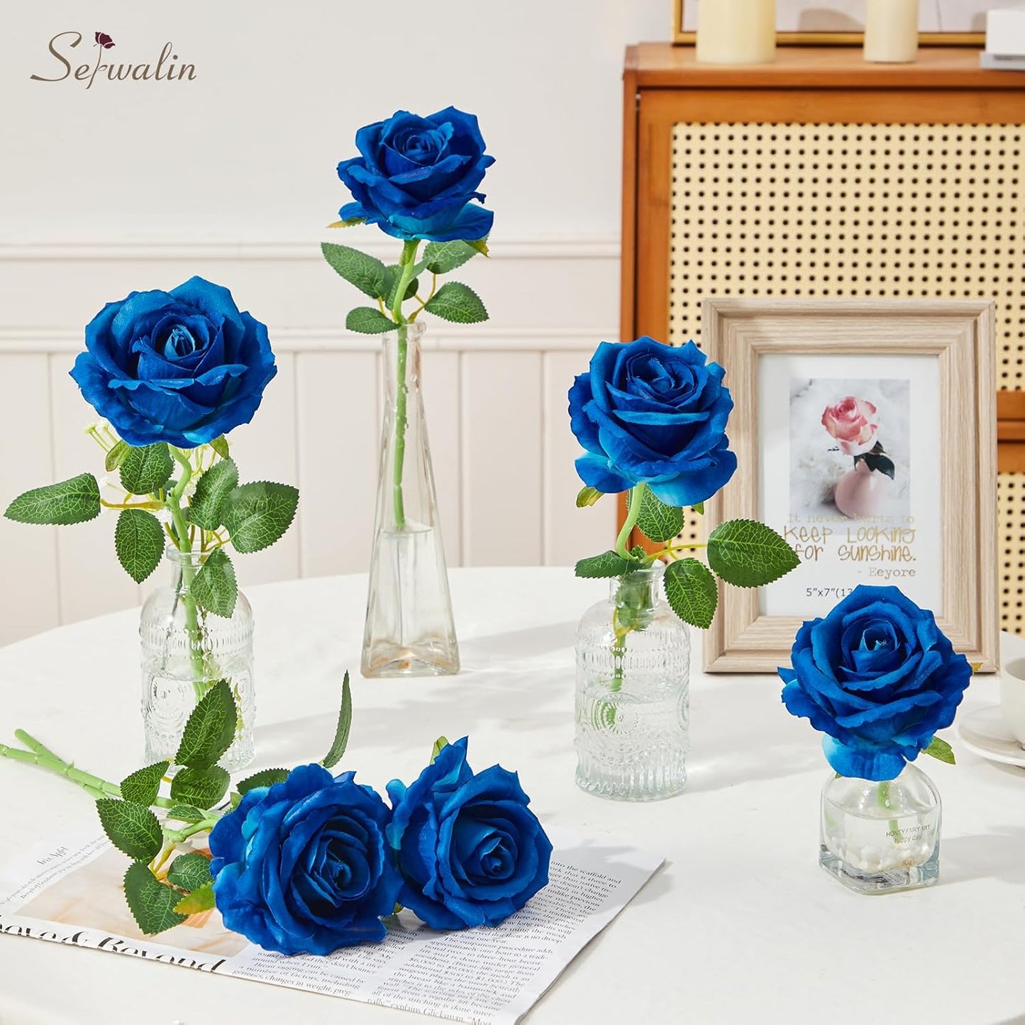 Serwalin 20pcs Artificial Roses, 4'' Big Flower Head, Blue Velvet Roses, Silk Fake Roses Long Stem Bouquet for and Wedding Arrangements Table Centerpiece