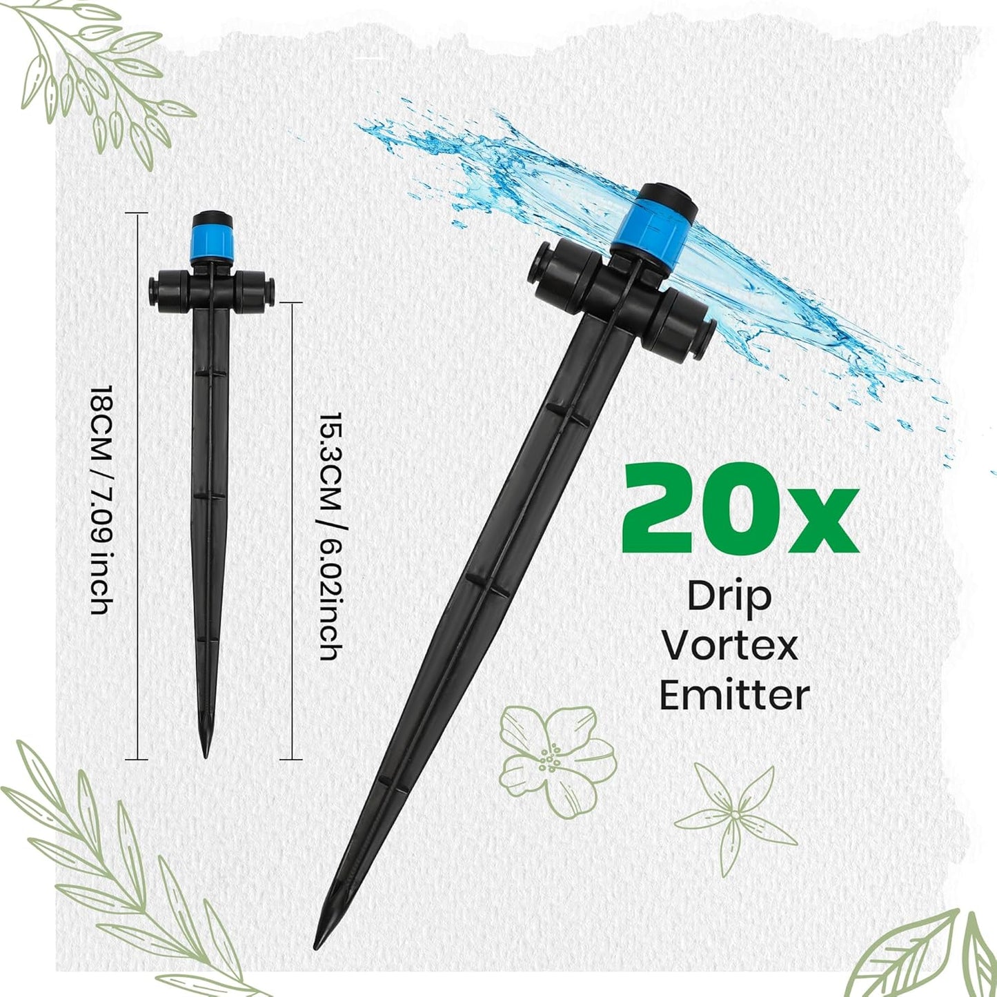 MIXC 20pcs Two-Way Quick-Connect Drip Irrigation Emitters for 1/4" Drip Irrigation Tubing - Adjustable Push-to-Connect 360° Drip Emitters Vortex on 7" Sturdy Stake for Irrigation System