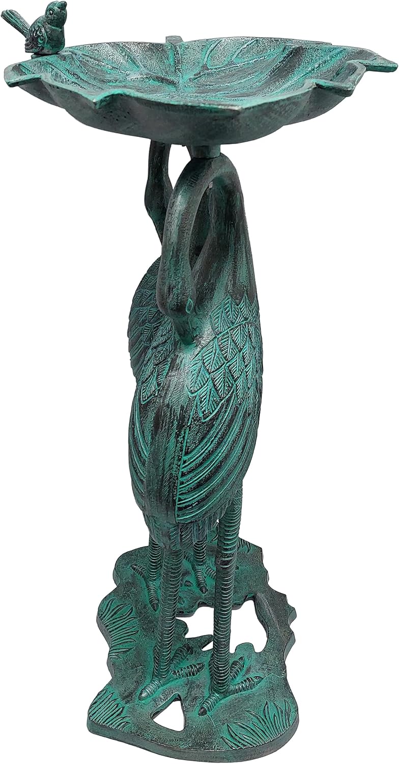 Oakland Living 5608-GBK Cast Aluminum 30-in Twin Crane Black Patina Bird Bath with Leaf Bowl Birdbath