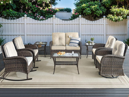 HUMMUH Patio Furniture 7-Piece Outdoor Conversation Set,All-Weather PE Wicker Loveseat Swivel and Rocking Chairs,Tables for Backyard,Poolside,Deck