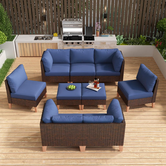 HUMMUH Patio Furniture Set, 9 Pieces Outdoor Modular Sectional Couch Chairs with Ottomans,All Weather PE Wicker Patio Conversation Sets for Garden Porch Backyard