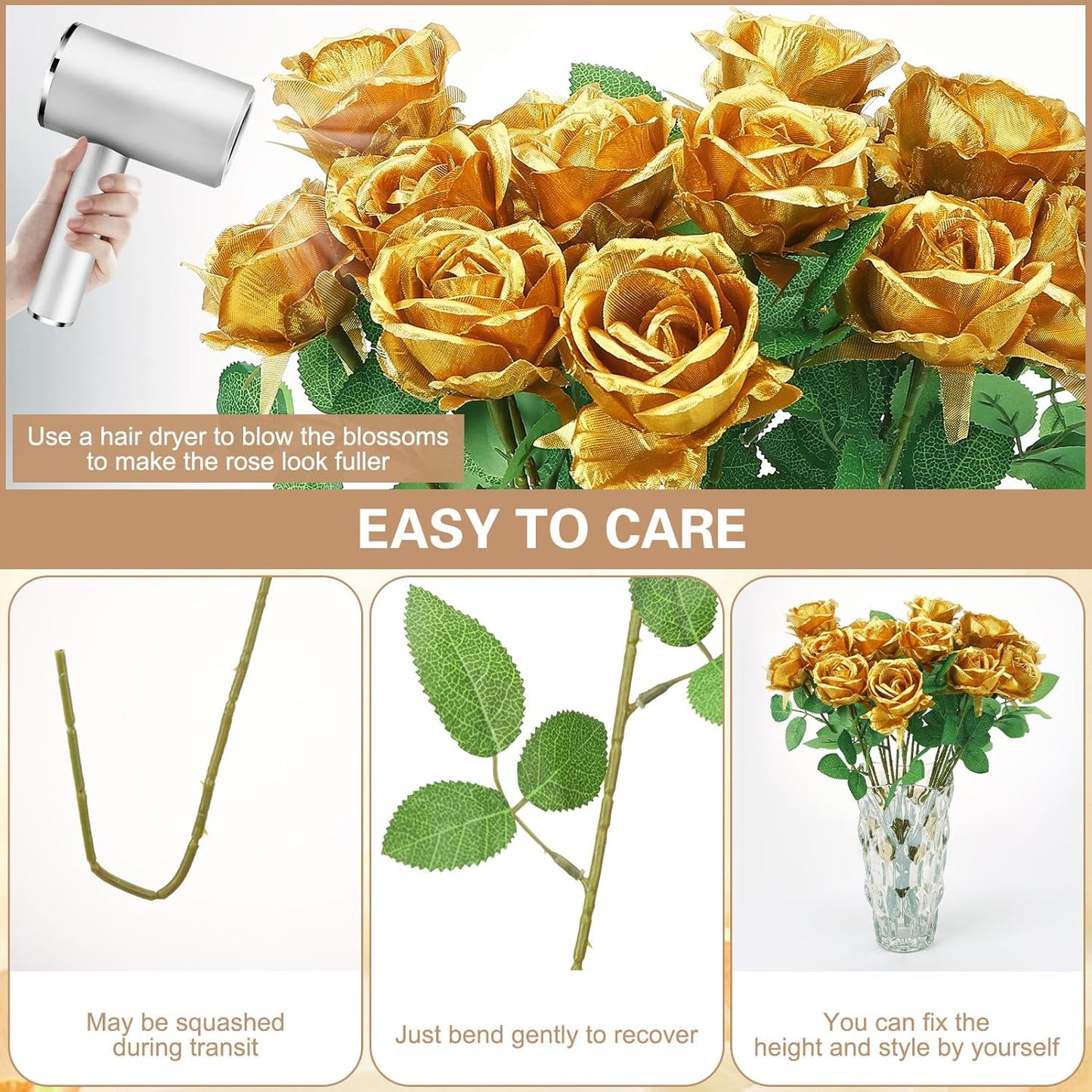 36 Pcs Gold Artificial Roses with Long Stems, Fake Silk Rose Artificial Flowers Bulk for Bridal Wedding Bouquet Centerpiece Ball Arrangement Party Decor