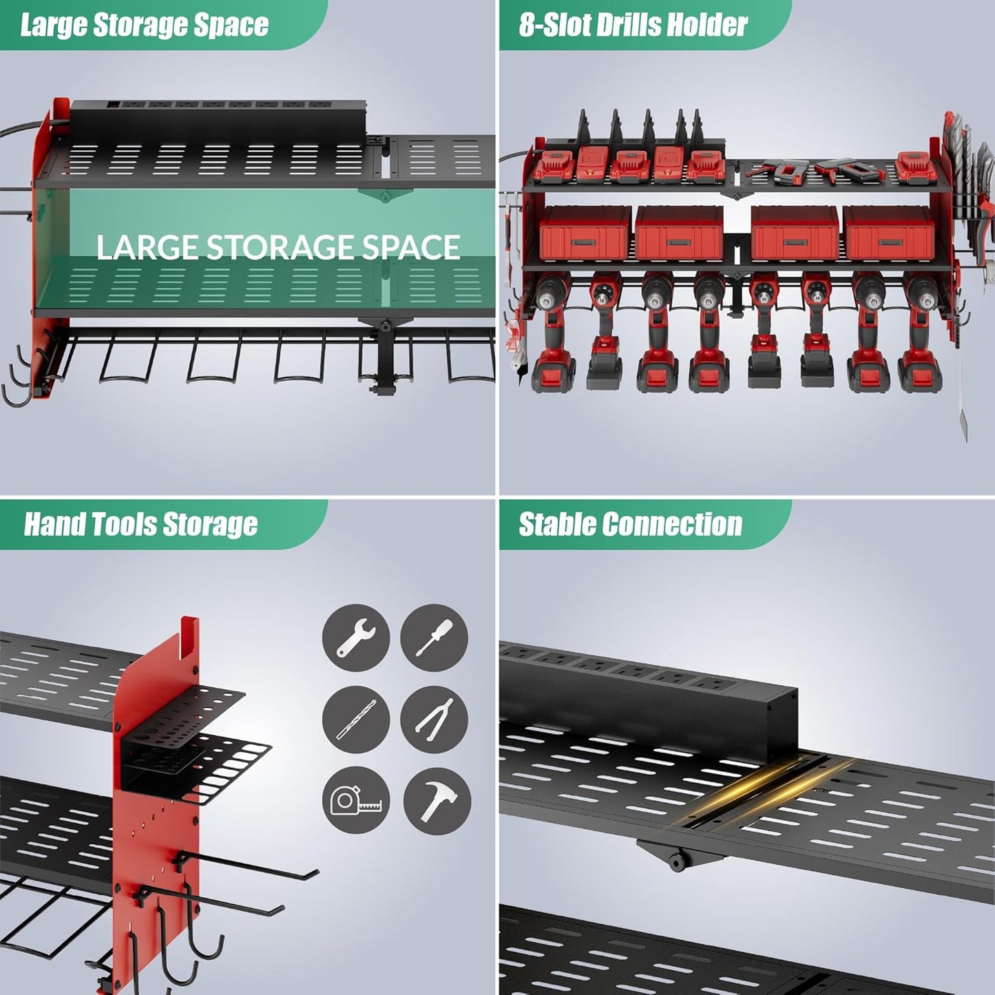 Suchtale Power Tool Organizer with Charging Station,33.2" Garage 8 Drill Holders Wall Mount,3 Layers Heavy Duty Metal Tool Shelf Built in 8 Outlets Power Strip, Gift for Men, Father, Red