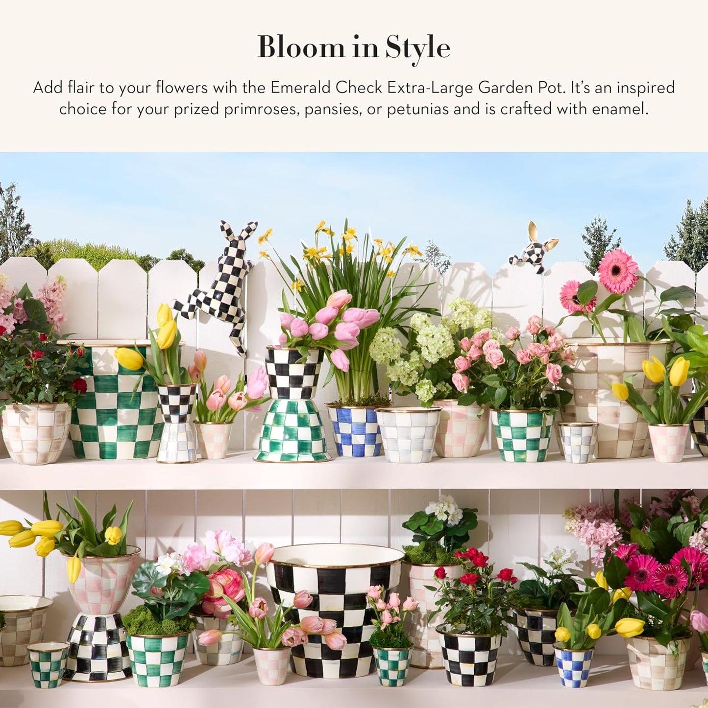 MACKENZIE-CHILDS Enamel Garden Pot, Decorative Pot for Plants, Outdoor Flowerpot Decor, Extra Large, Green-and-White Emerald Check