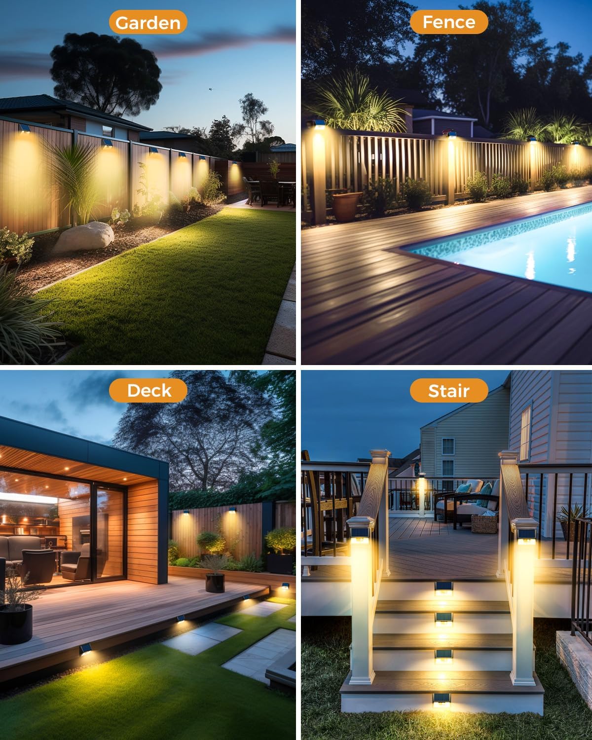 12 Pack Solar Fence Lights, Motion Sensor Deck & Wall Lights - Warm White LED, Wireless, Waterproof, Outdoor for Yard, Steps & Garden - Black