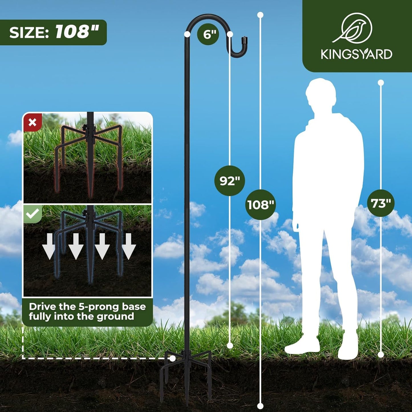 Kingsyard Adjustable Shepherd Hooks for Outdoor - 92 INCH Heavy Duty Bird Feeder Pole with 5 Prong Base, Hummingbird Feeder Stand, Garden Plant Baskets, Weddings Decor, Solar Light Lanterns