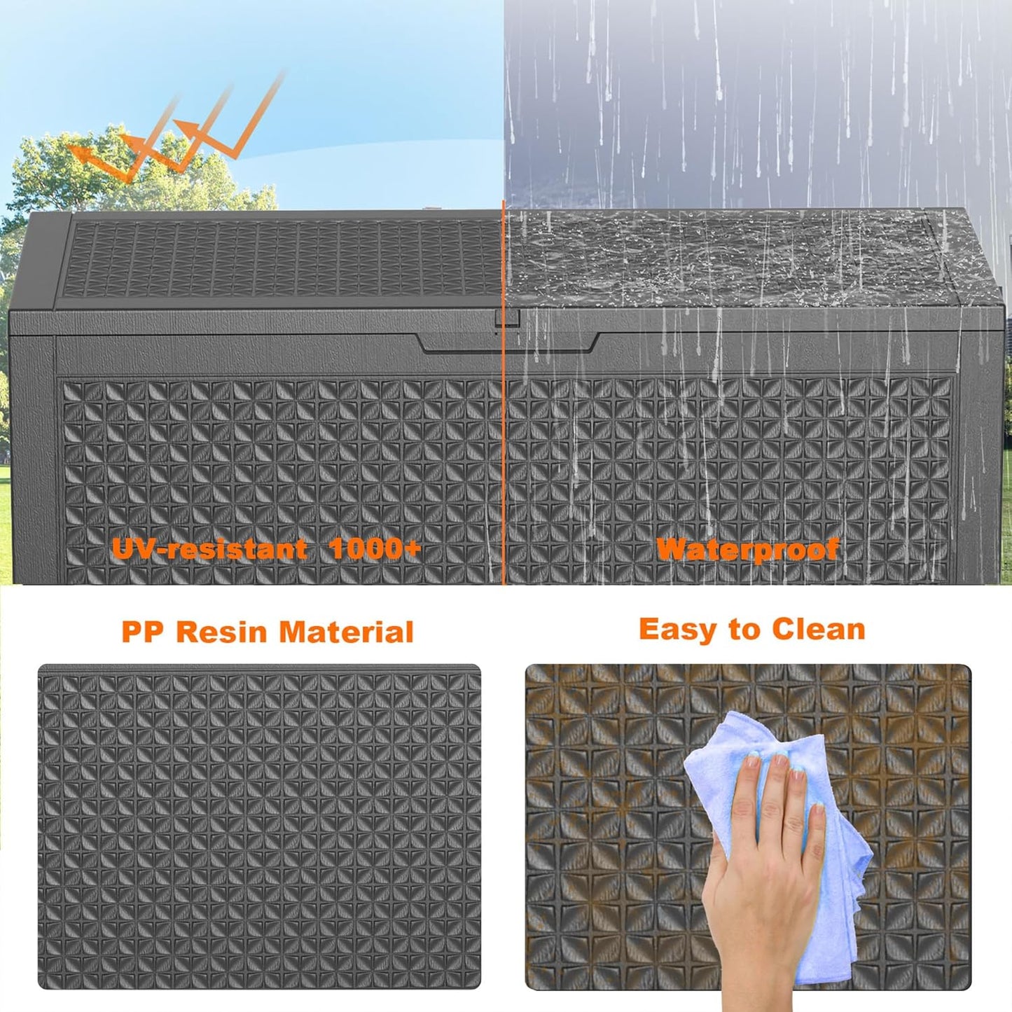 100 Gallon Resin Deck Box, Lockable Patio Outdoor Storage Box for Furniture, Garden Tools and Tools Storage, Waterproof Outside Storage Boxes - Patterned black