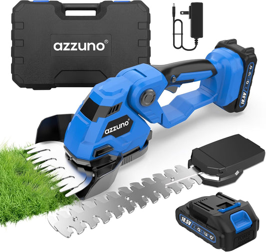 AZZUNO Cordless Hedge Trimmer, 2-in-1 Electric Grass Shears Shrubbery Trimmer with Battery，Handheld Grass Cutter Shrub Trimmer for Gardens, Yards, Lawns, Including Charger (1 Battery)