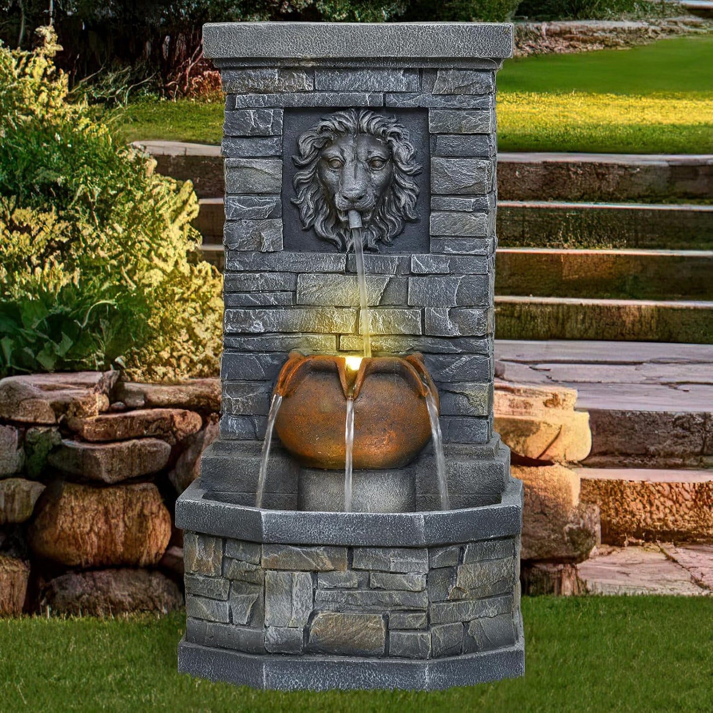 42'' Outdoor Garden Floor-Standing Water Fountain Lion Head Stone with Lights Outdoor Waterfall for Patio, Backyard, Deck, Porch and Home Art Decor