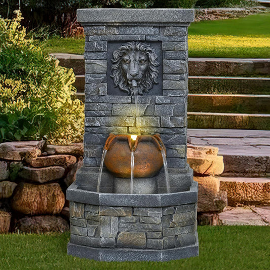 42'' Outdoor Garden Floor-Standing Water Fountain Lion Head Stone with Lights Outdoor Waterfall for Patio, Backyard, Deck, Porch and Home Art Decor